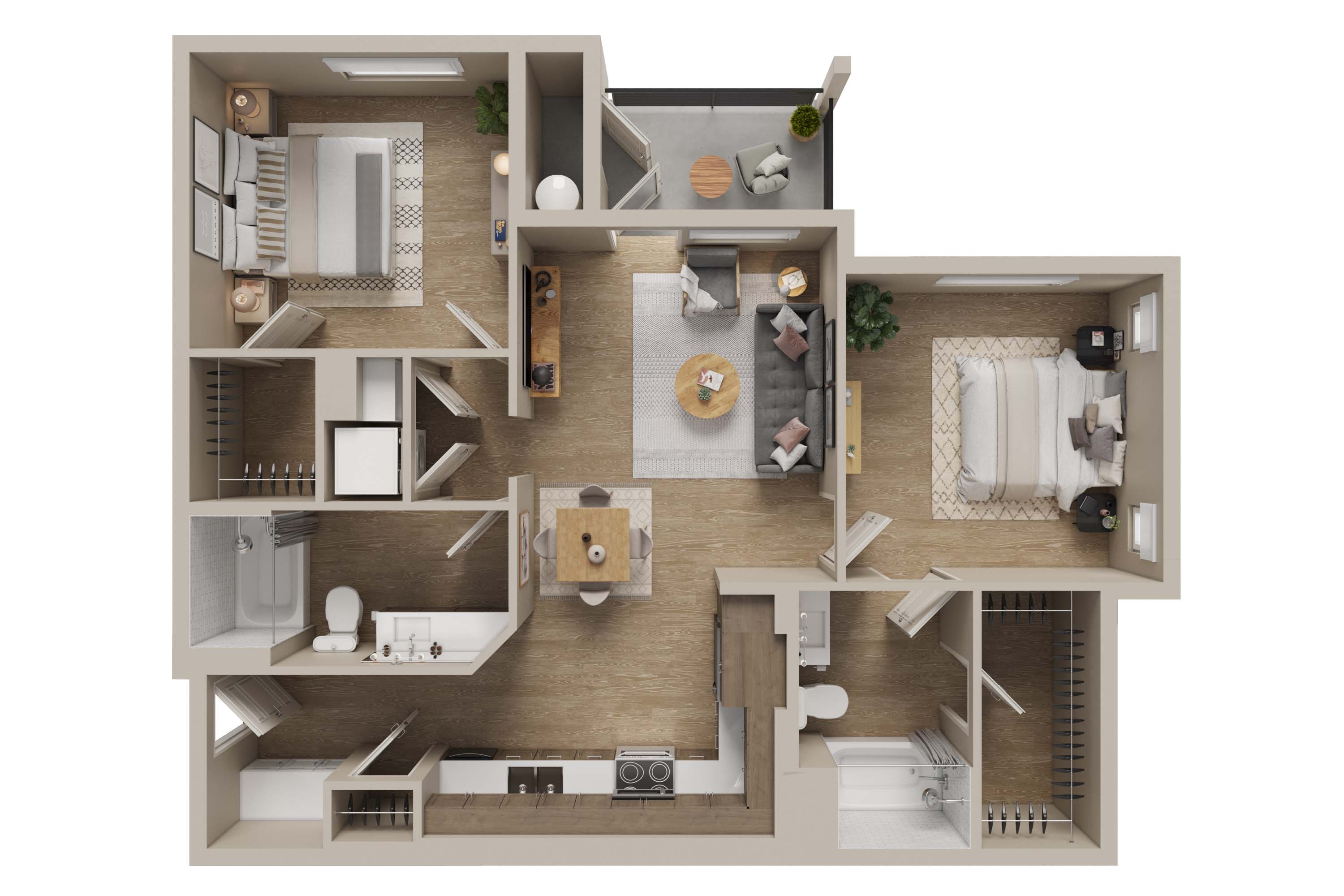 Floor plan for 2 beds, 2 baths, 1023 sqft
